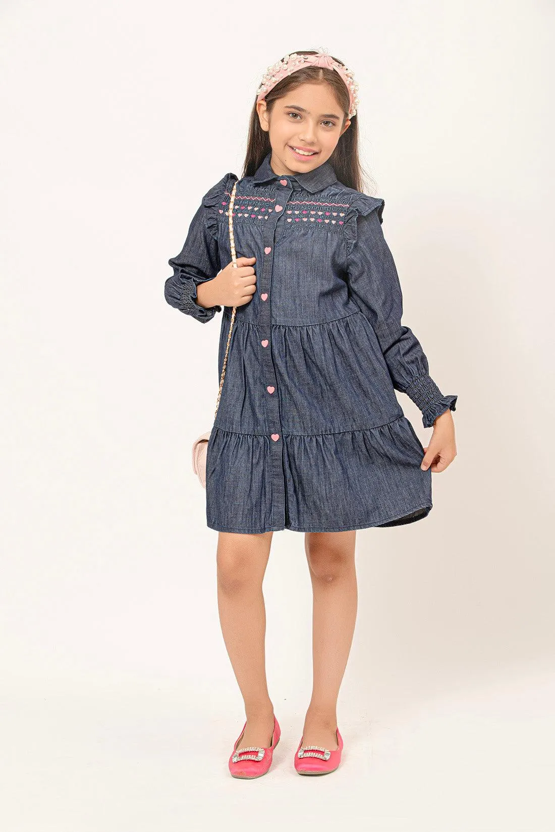 One Friday Kids Girls Puff Sleeves Cotton Denim Dress