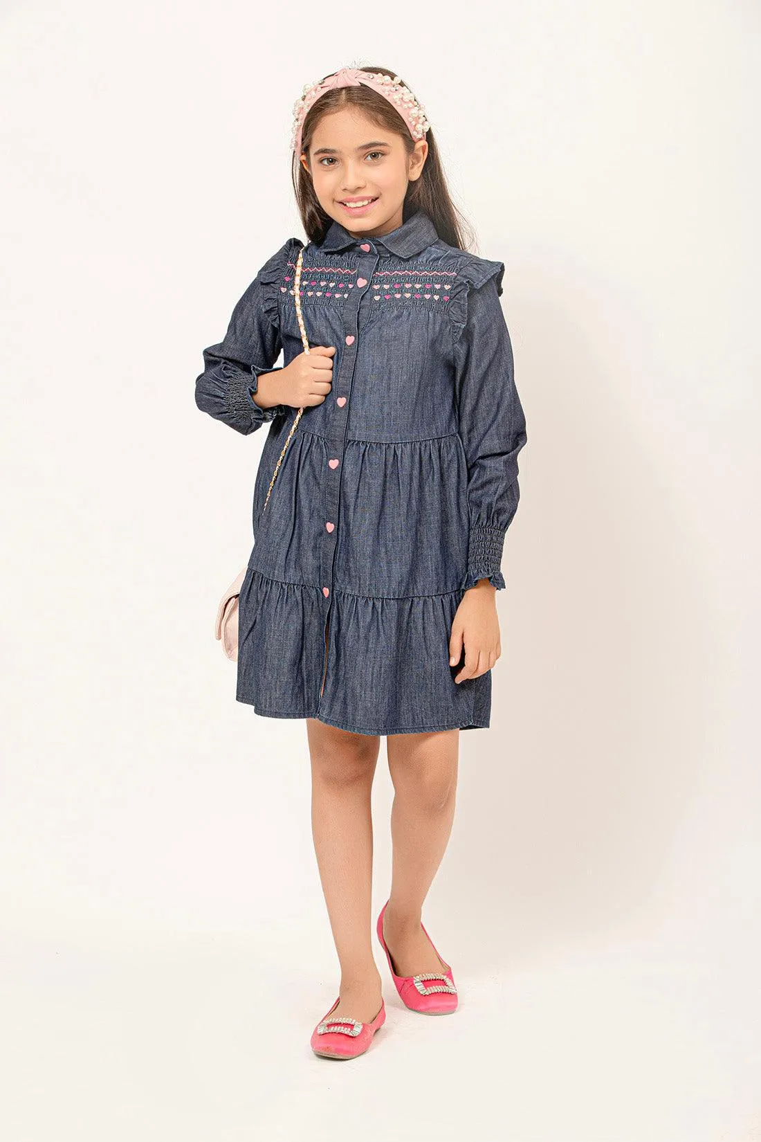 One Friday Kids Girls Puff Sleeves Cotton Denim Dress