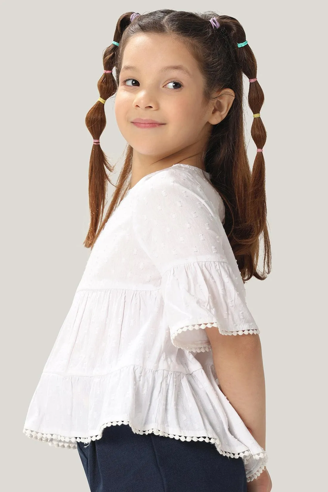 One Friday Kids Girls White 100% Cotton Dobby Round Neck Tiered Top