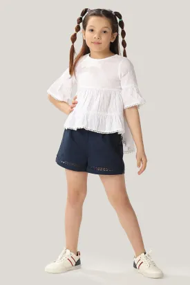 One Friday Kids Girls White 100% Cotton Dobby Round Neck Tiered Top