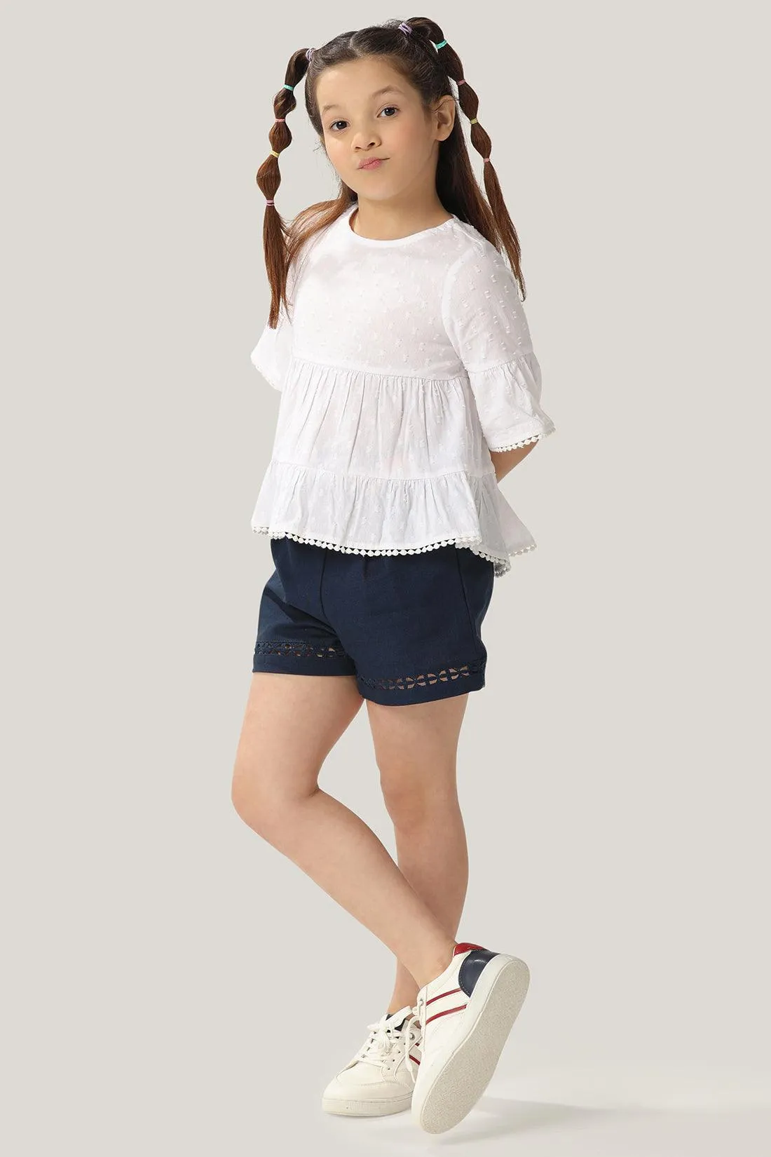 One Friday Kids Girls White 100% Cotton Dobby Round Neck Tiered Top