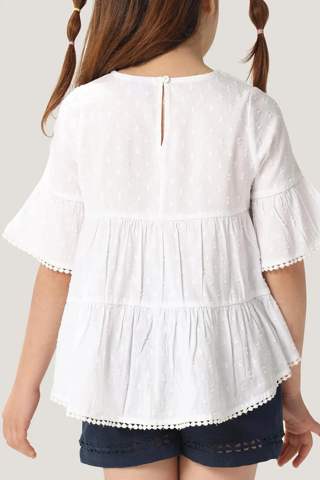 One Friday Kids Girls White 100% Cotton Dobby Round Neck Tiered Top