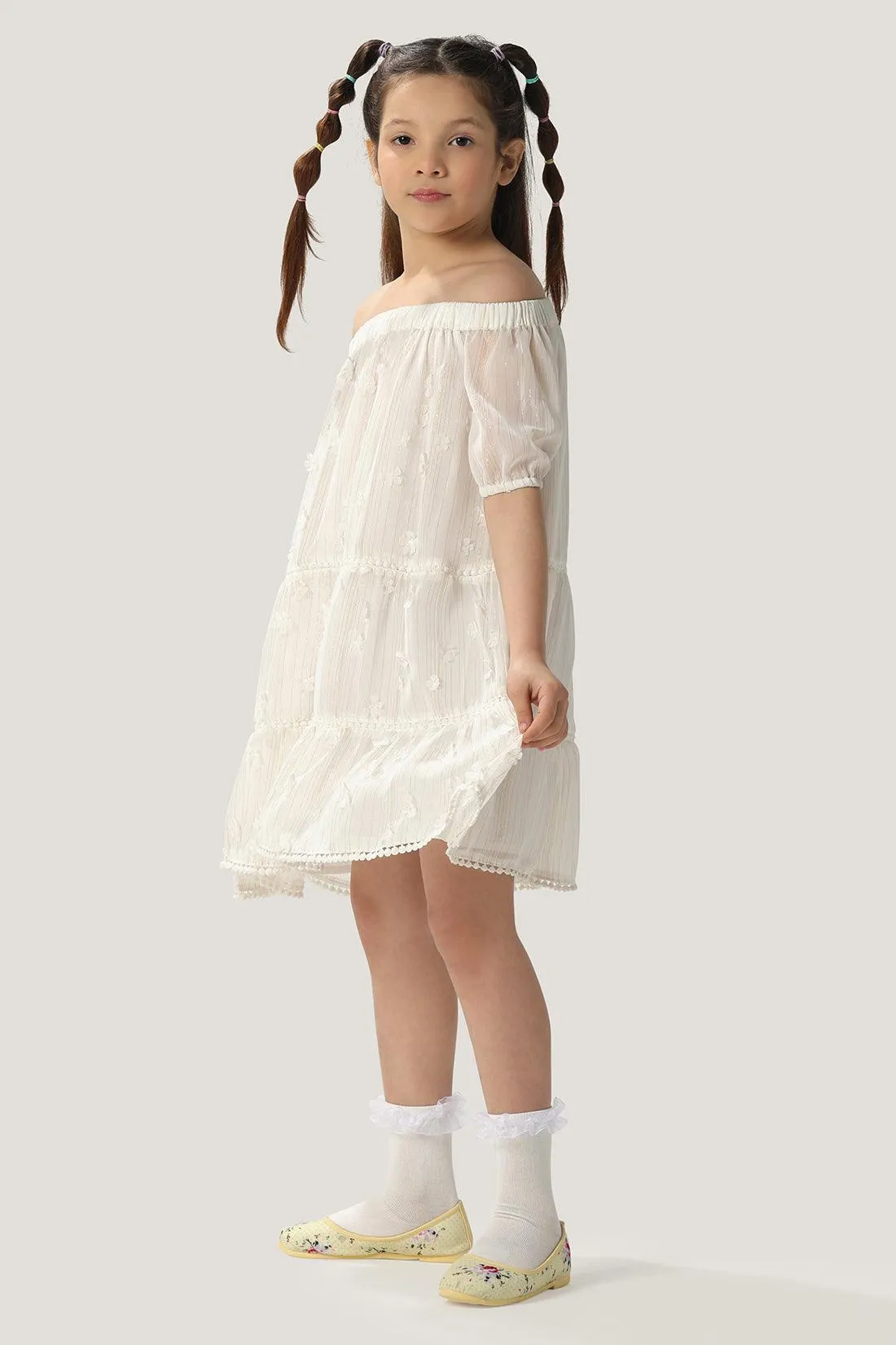 One Friday Kids Girls White Off Shoulder Dress