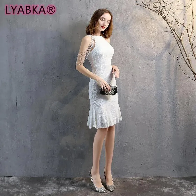 Party Dresses LYABKA Elegant Off Shoulder Beaded Sequin Evening Dress Women Sliver Bodycon Maxi Prom