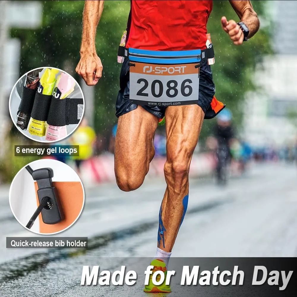 RJ-Sport Triathlon Belt with Pouch - Race Number Bib Holder with 6 Gel Loops, Ideal for Running, Cycling & Marathon (Black)