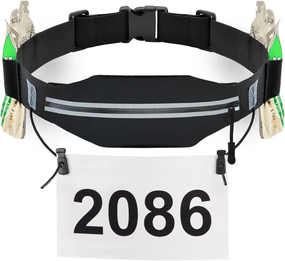 RJ-Sport Triathlon Belt with Pouch - Race Number Bib Holder with 6 Gel Loops, Ideal for Running, Cycling & Marathon (Black)
