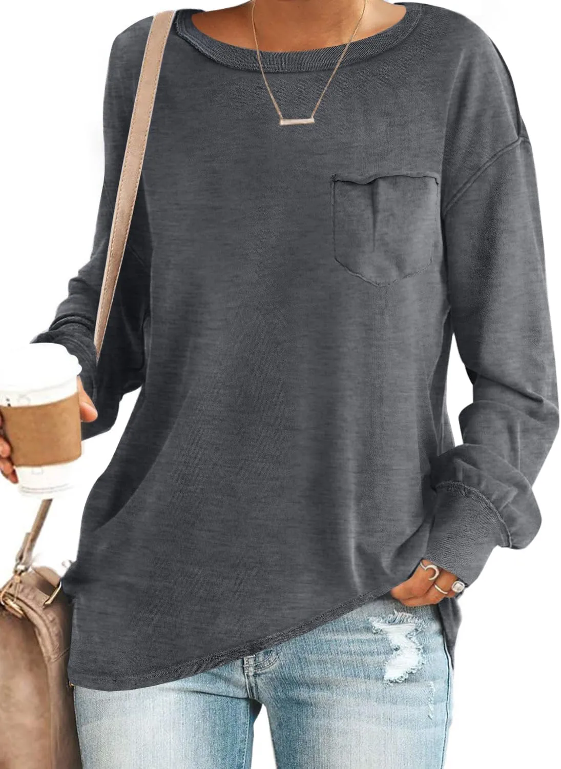 SENSERISE Womens Crewneck Sweatshirts Long Sleeve Tops with Pockets Casual Loose Fit Tee Tops