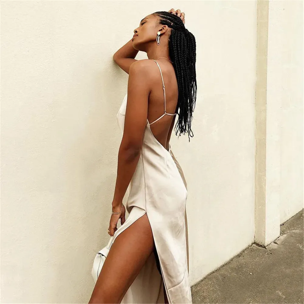 Silky Spaghetti Strap Split Long Backless Draped Bodycon Evening Beach Sexy Summer Satin Dress