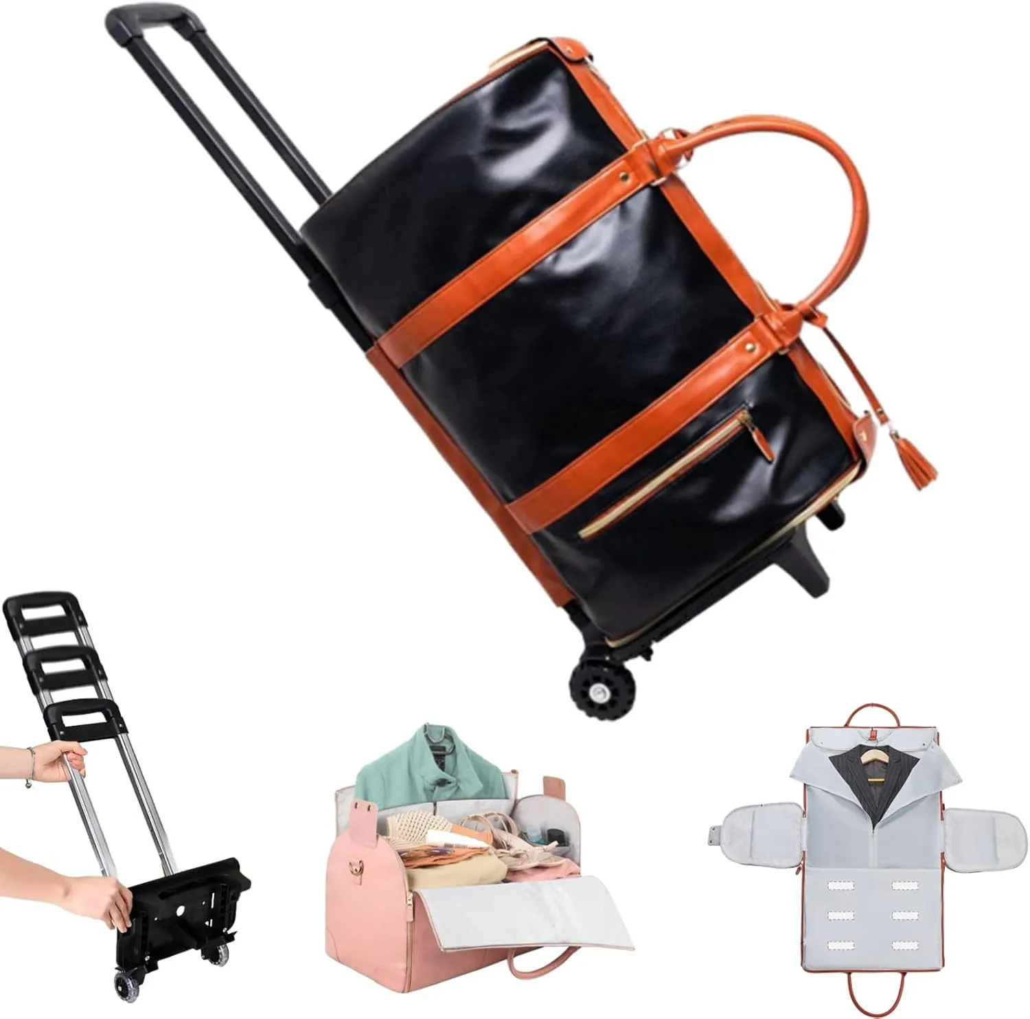 Trendfetchus Foldable Travel Bag 2.0 with Wheels, 60L 2 in 1 Convertible PU Waterproof Large Capacity Foldable Travel Bag with Trolley Glide Wheels for Travel & Airplane (Black, With wheels)