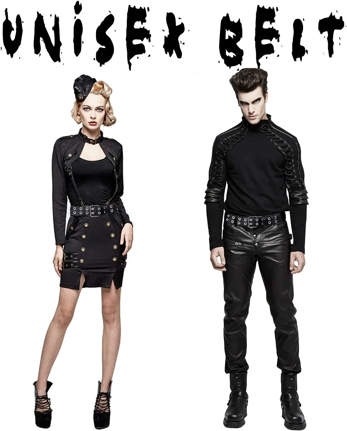 WHIPPY Double Grommet Belt for Women Men PU Leather Double Prong Buckle Vintage Punk Rock Jeans Belts