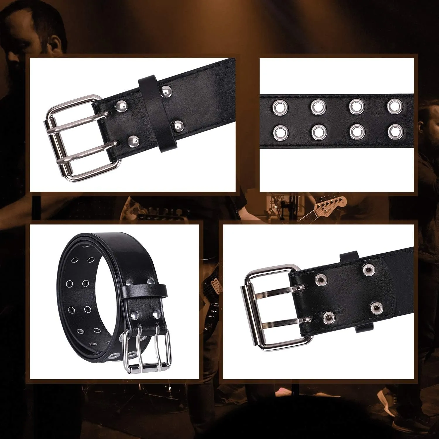 WHIPPY Double Grommet Belt for Women Men PU Leather Double Prong Buckle Vintage Punk Rock Jeans Belts