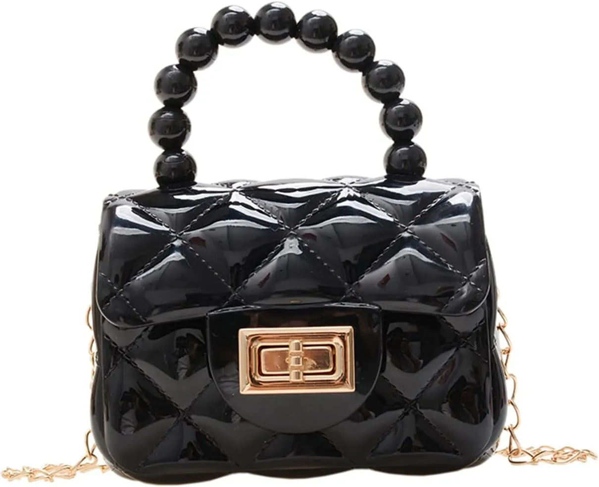 Women Girls Mini Jelly Purse Small Candy Color Jelly Crossbody Bag Cute Princess Shoulder Bag with Pearls Top Handle