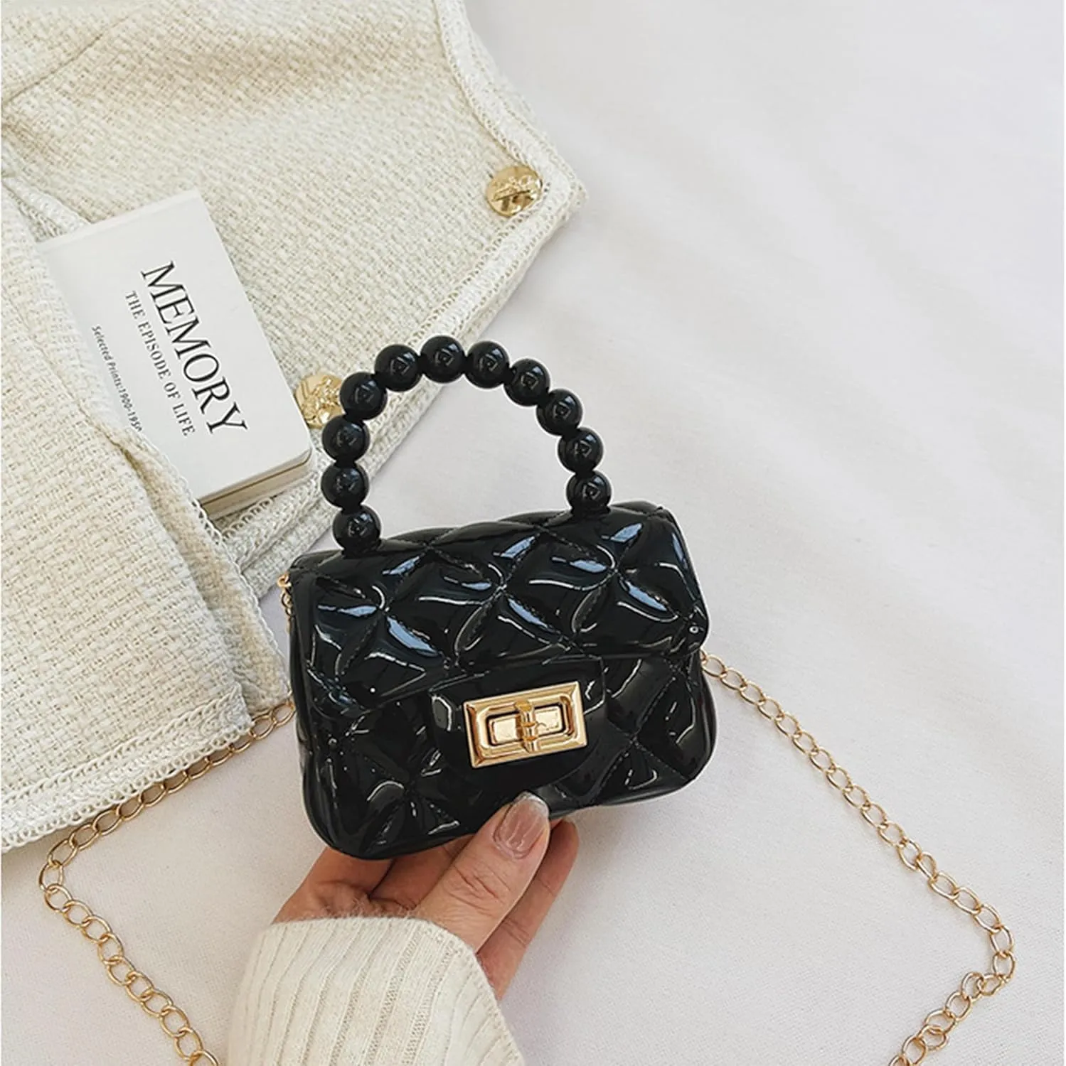 Women Girls Mini Jelly Purse Small Candy Color Jelly Crossbody Bag Cute Princess Shoulder Bag with Pearls Top Handle