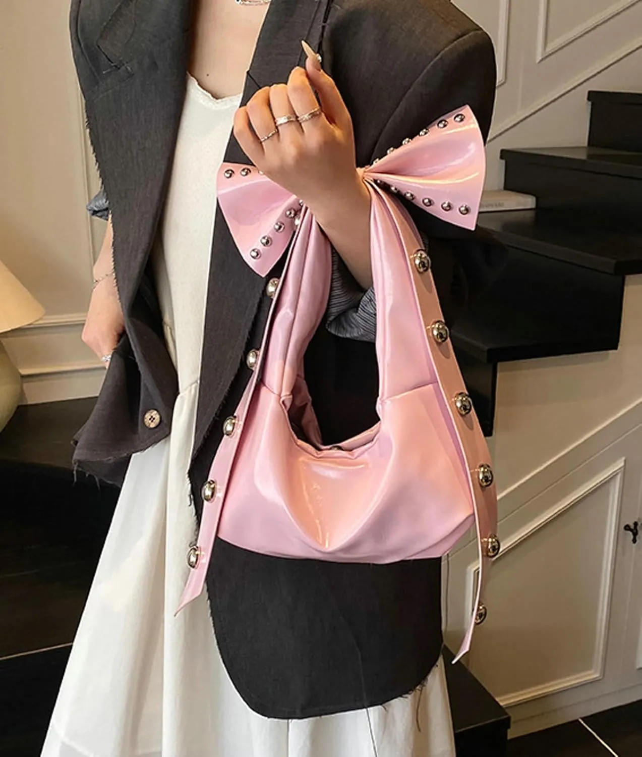 Y2K Handbag Bow Shoulder Bag Women Studded Purse Beaded Vintage Punk Clutch Trendy Underarm Bag Dumpling Purse