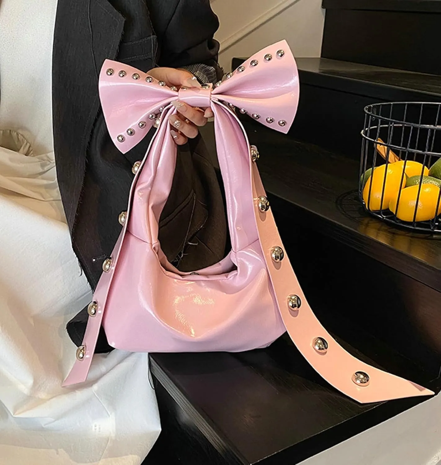 Y2K Handbag Bow Shoulder Bag Women Studded Purse Beaded Vintage Punk Clutch Trendy Underarm Bag Dumpling Purse