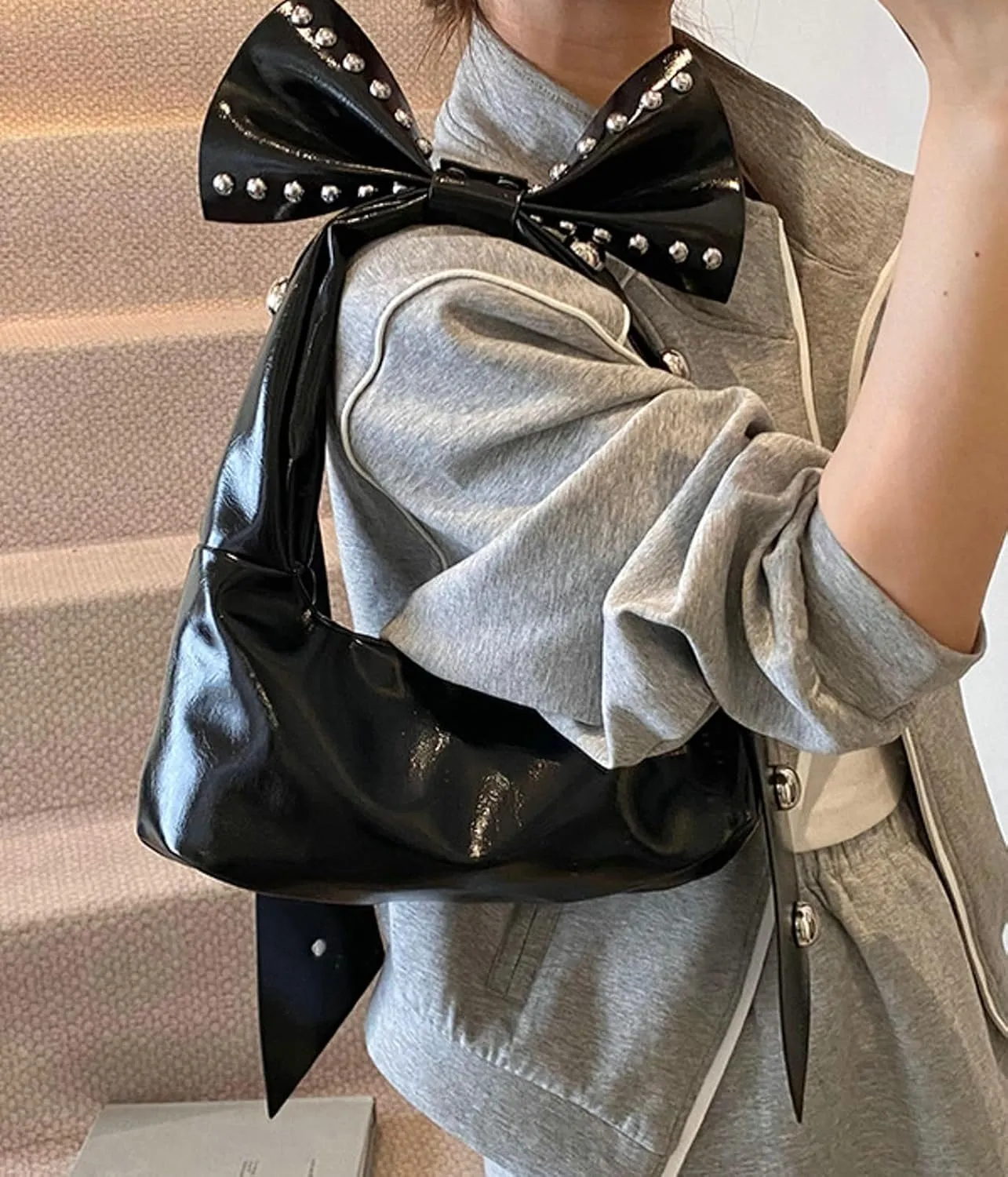 Y2K Handbag Bow Shoulder Bag Women Studded Purse Beaded Vintage Punk Clutch Trendy Underarm Bag Dumpling Purse