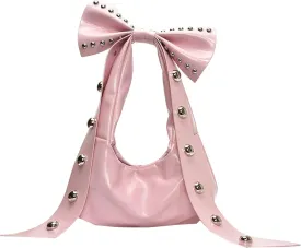 Y2K Handbag Bow Shoulder Bag Women Studded Purse Beaded Vintage Punk Clutch Trendy Underarm Bag Dumpling Purse