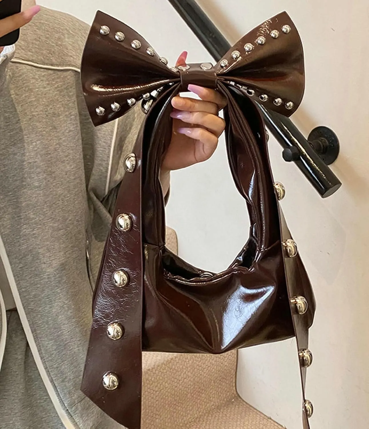 Y2K Handbag Bow Shoulder Bag Women Studded Purse Beaded Vintage Punk Clutch Trendy Underarm Bag Dumpling Purse